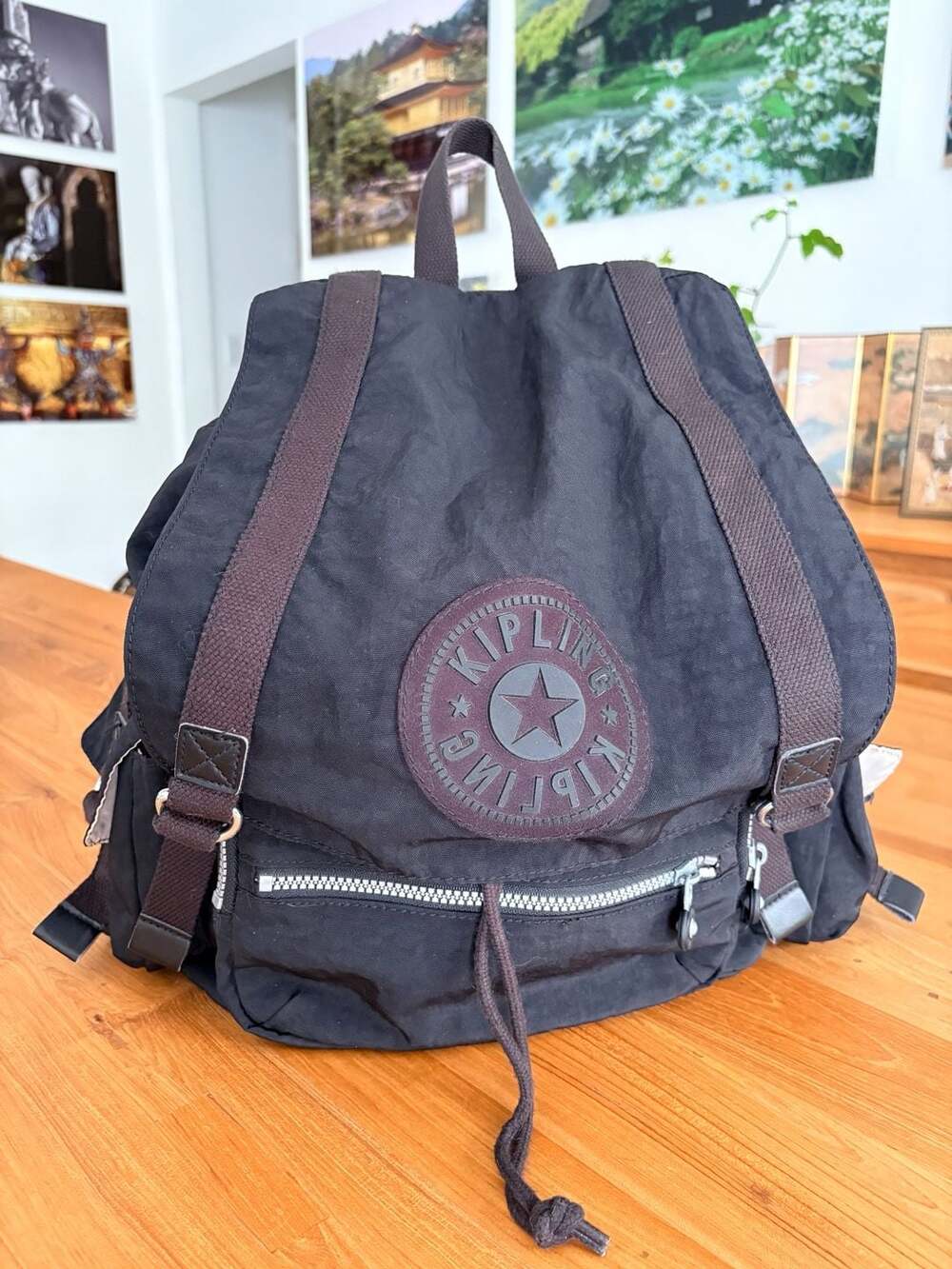 Vintage Kipling Nylon Drawstring Flap Backpack in Black Excellent Condition